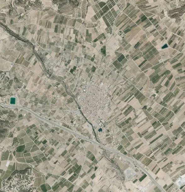 Ortofoto del entorno de Casinos con núcleo urbano, carreteras y campos de cultivo