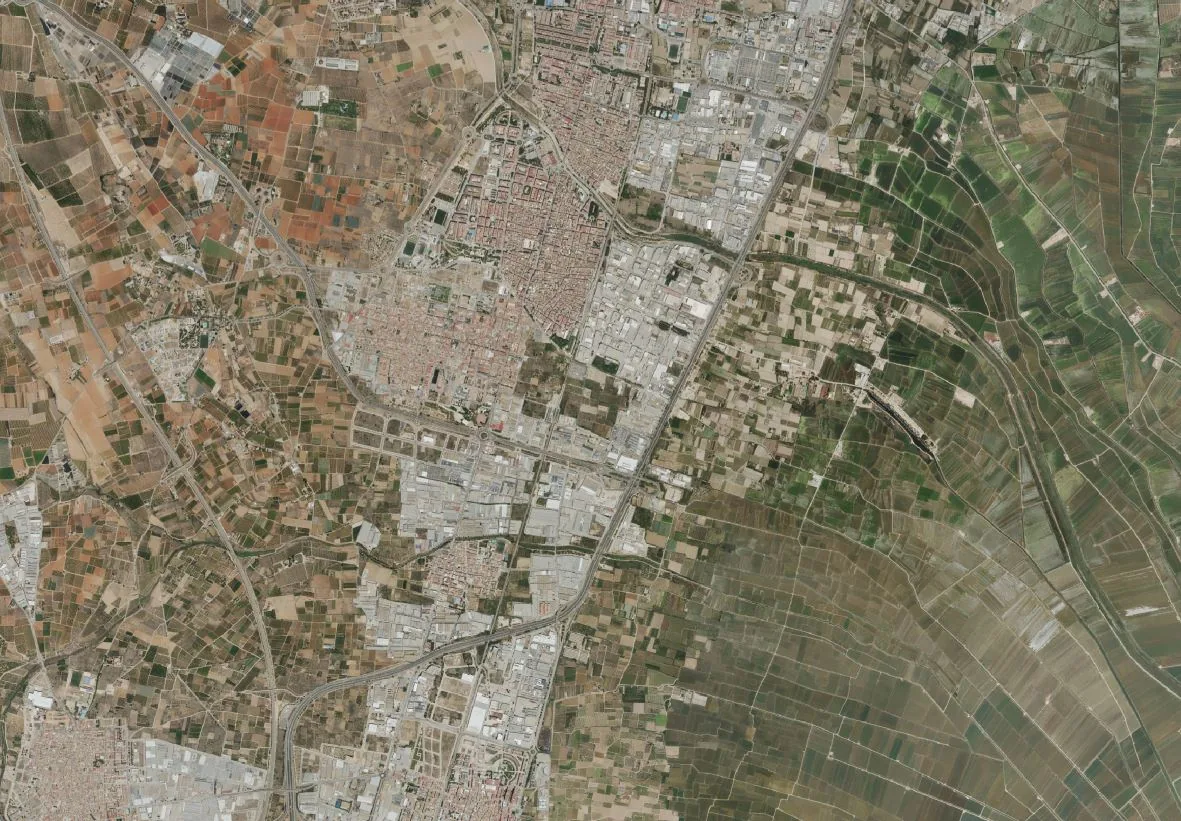 Ortofoto del entorno de Catarroja, Albal y Massanassa, con núcleos urbanos, áreas industriales y campos