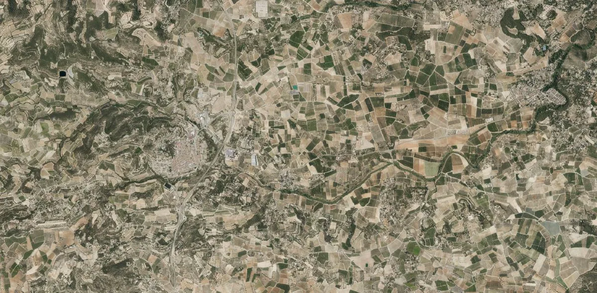 Ortofoto del entorno de Godelleta con núcleo urbano, viviendas dispersas y parcelas agrícolas