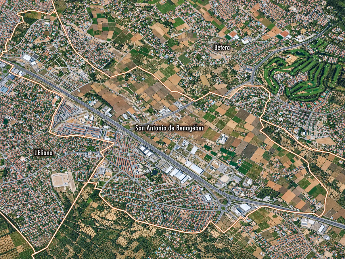 Vista aérea ilustrativa de los núcleos residenciales de San Antonio de Benagéber