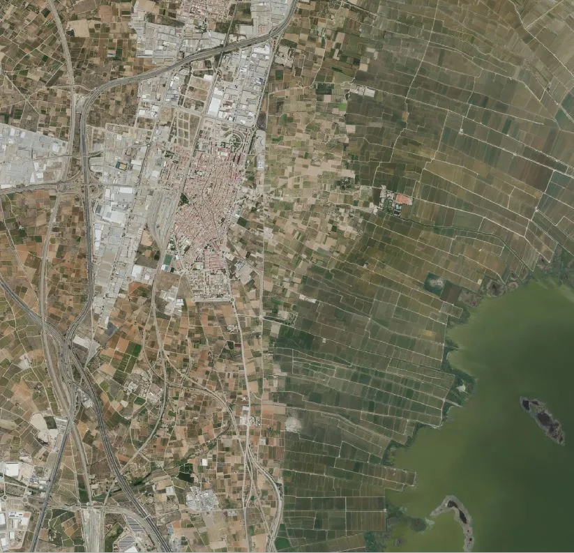 Ortofoto del entorno de Silla, con el núcleo urbano, áreas agrícolas y borde de l'Albufera.