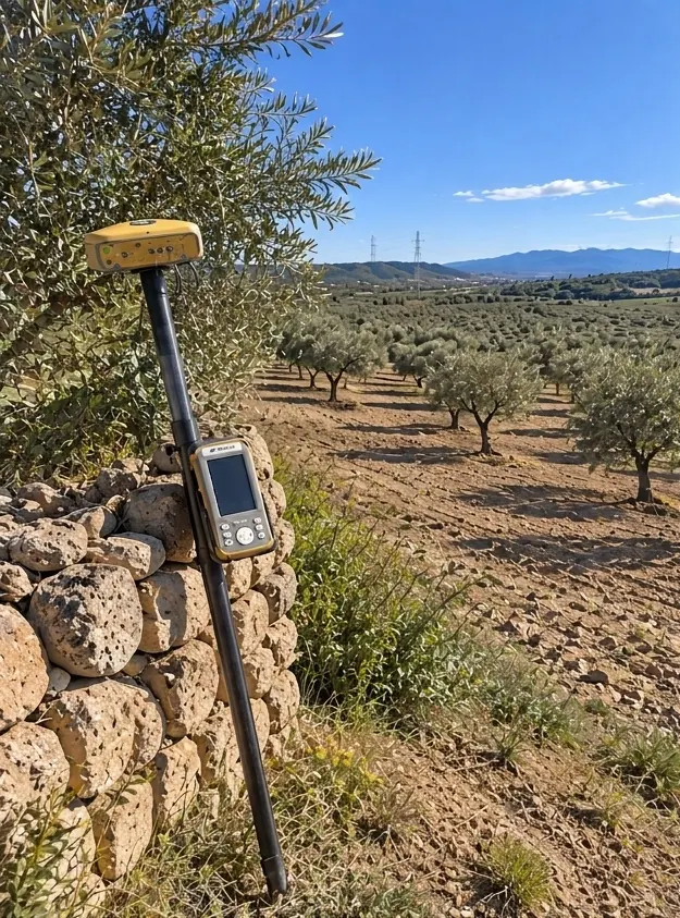 GPS topográfico junto a un lindero de piedra en una parcela agrícola