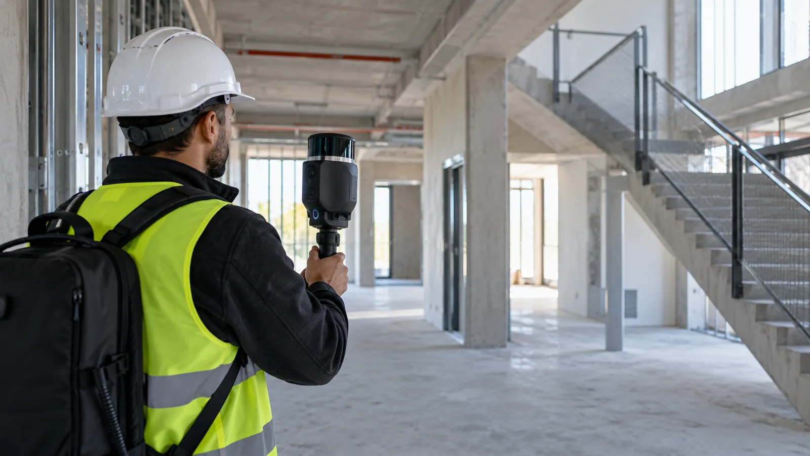 Técnico utilizando un escáner SLAM en el interior de un edificio en obra