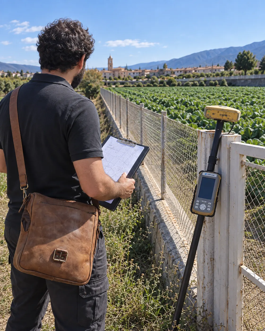 Técnico topógrafo realizando mediciones con GPS en una finca