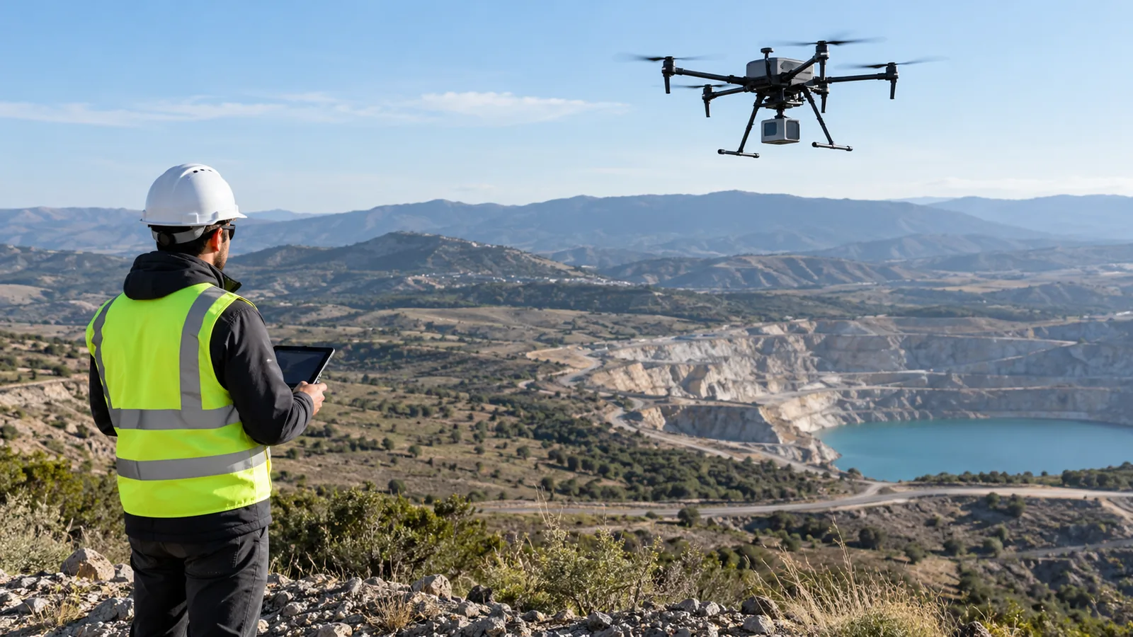 Operador supervisando un dron LiDAR sobre un terreno de gran extensión